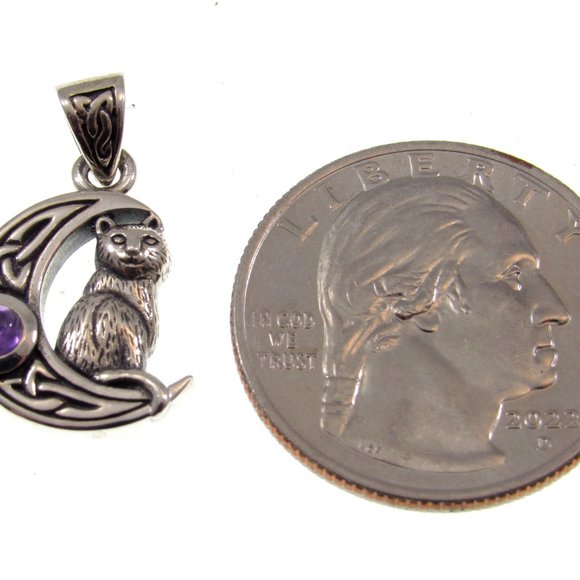 Solid 925 Sterling Silver Celtic Crescent Moon Cat Pendant Amethyst or Moonstone - Picture 8 of 11